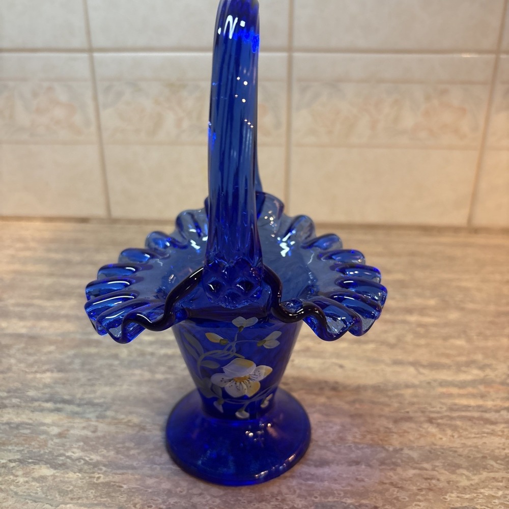 Fenton 7" Hand-Painted Blue Glass Basket Blue Flax Artist Signed By S Smith